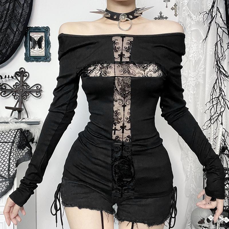 Top de manga larga con cuello redondo y estampado cruzado 