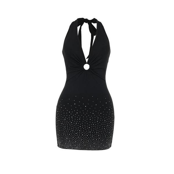 Mini-robe licou à nouer soi-même, froncée et perlée, col en V 