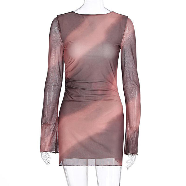 Vestido mini con cuello redondo, manga larga y estampado de malla transparente con lazo 