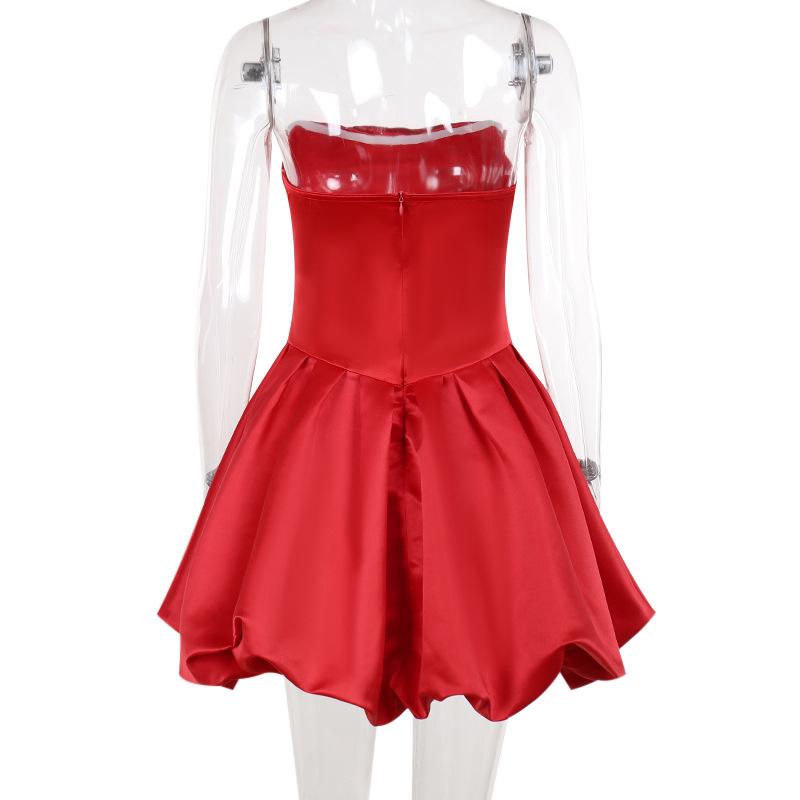 Zip-up ruched backless solid tube mini dress