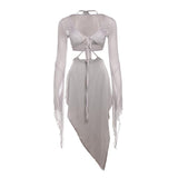 Long sleeve ruffle v neck self tie mesh midi skirt set