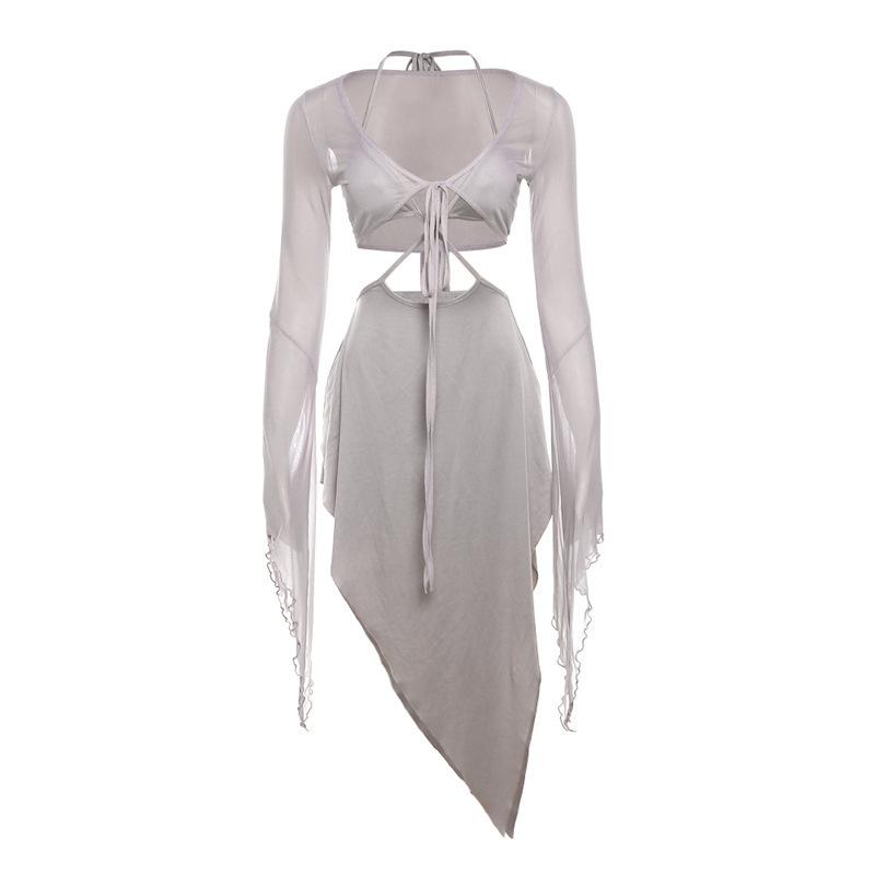 Long sleeve ruffle v neck self tie mesh midi skirt set
