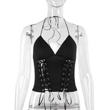 Halter self tie v neck lace up backless solid top