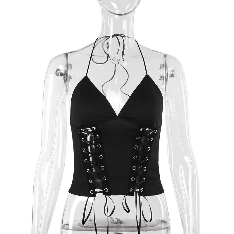 Halter self tie v neck lace up backless solid top