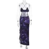 Cross back print ruffle slit spaghetti strap maxi dress