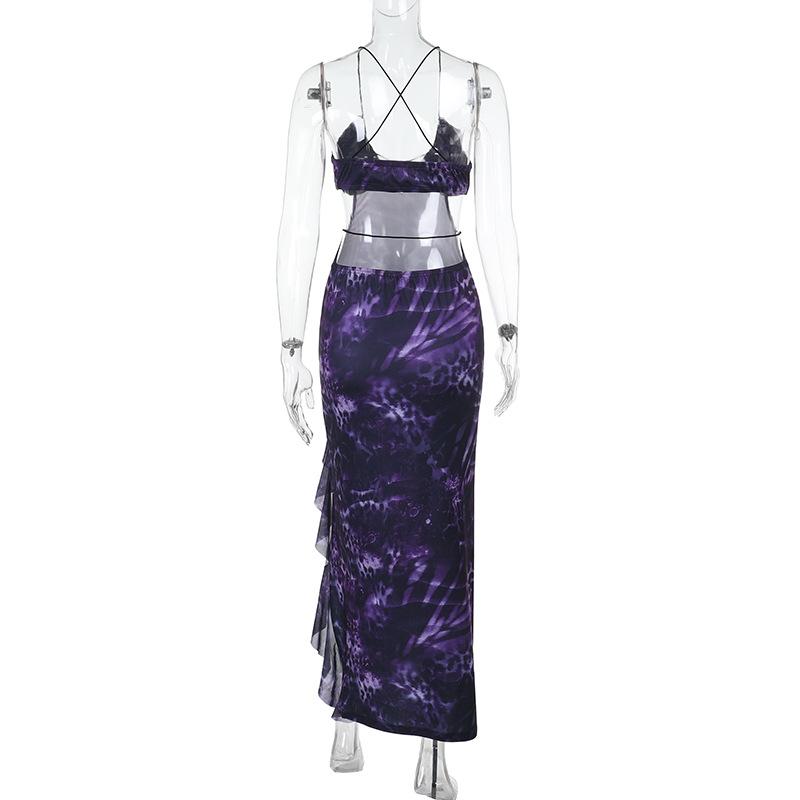 Cross back print ruffle slit spaghetti strap maxi dress