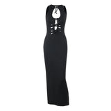 Vestido midi liso con cuello redondo, abertura y lazo 