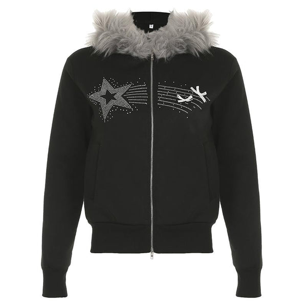 Zip-up beaded fluffy hoodie bowknot long sleeve top