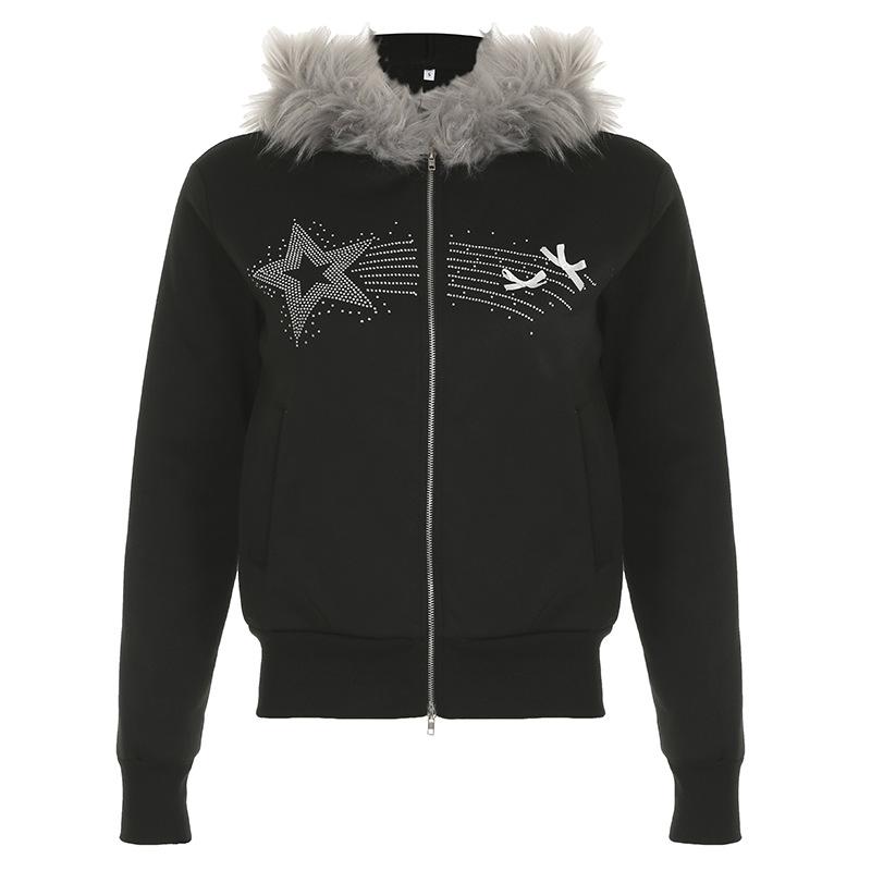 Sweat à capuche zippé et moelleux avec perles et nœud papillon, haut à manches longues 
