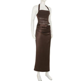 Robe longue unie à col carré et fermeture éclair froncée 