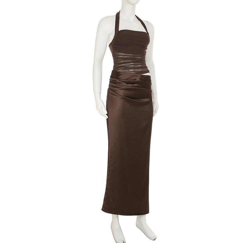 Robe longue unie à col carré et fermeture éclair froncée 