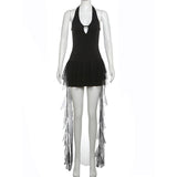 Minivestido de malla con volantes y escote halter, sin espalda 