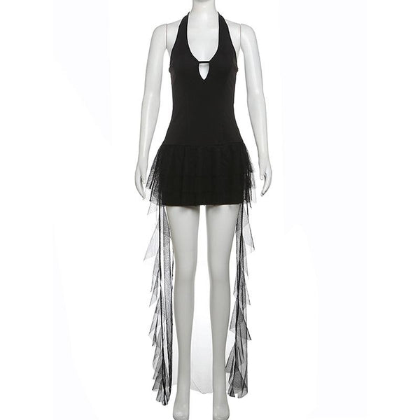 Mini-robe dos nu en maille à volants ajourés 