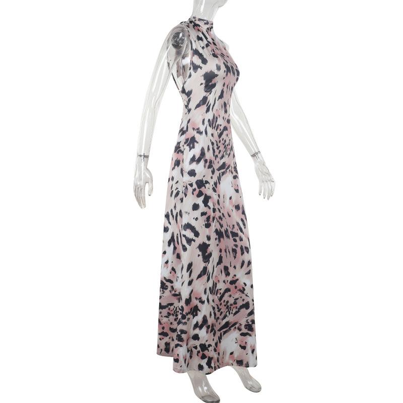 Leopard print high neck backless maxi dress