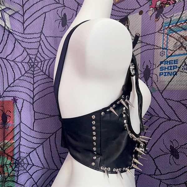 Haut camisole en cuir PU avec fermeture éclair et boucle à motif tête de mort 