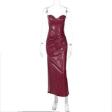 Robe midi tube plissée en cuir PU avec fermeture éclair et fente 