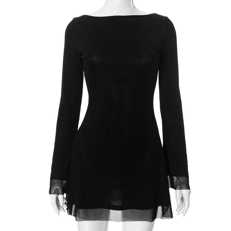 Vestido mini de manga larga con cuello redondo, lazo en la espalda y sin espalda 