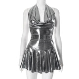 Metallic self tie halter cowl neck backless mini dress
