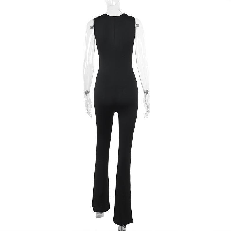 Lace hem deep V neck sleeveless solid jumpsuit