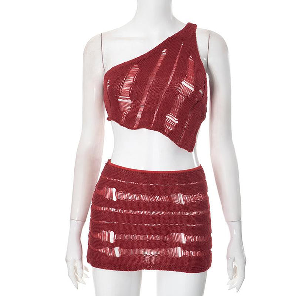 One shoulder irregular hollow out solid mini skirt set