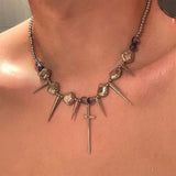 Silver cross rivet metal chain choker necklace