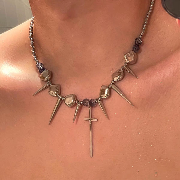 Silver cross rivet metal chain choker necklace