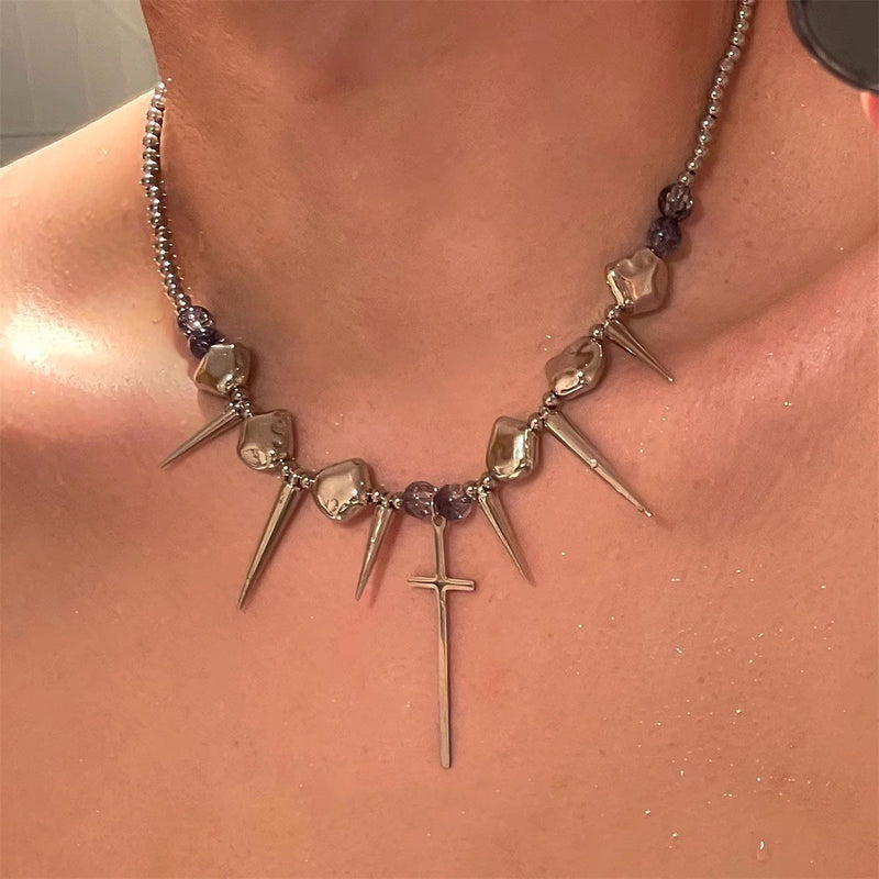 Silver cross rivet metal chain choker necklace