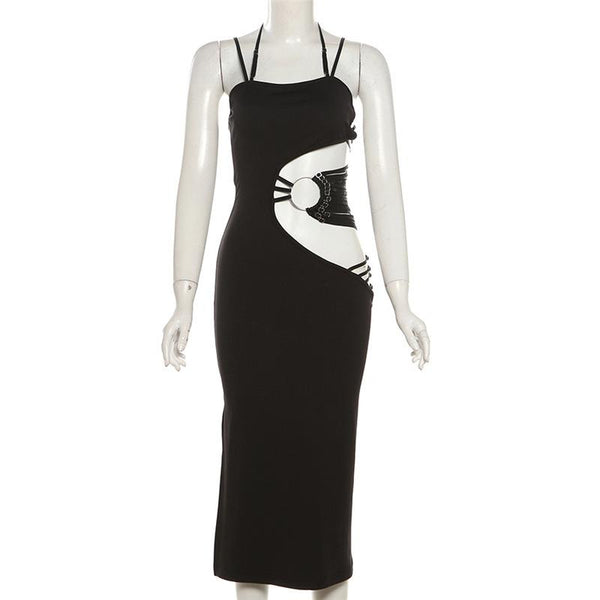 Vestido midi de tirantes finos con cuello halter, abertura y aro en forma de O irregular 