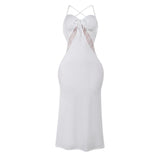 Self tie cross back v neck lace ruched midi dress
