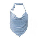 Top sin espalda, cuello vuelto, botones y lazo tipo halter 