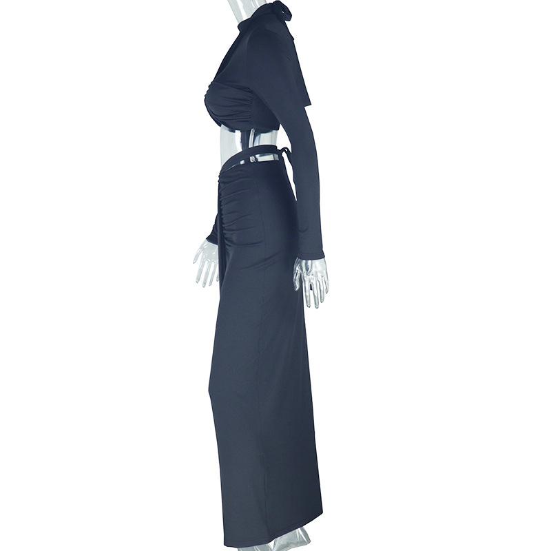 Ruched long sleeve crewneck self tie maxi skirt set