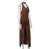 Halter slit irregular knitted ruched midi dress