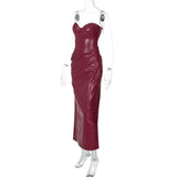 Robe midi tube plissée en cuir PU avec fermeture éclair et fente 