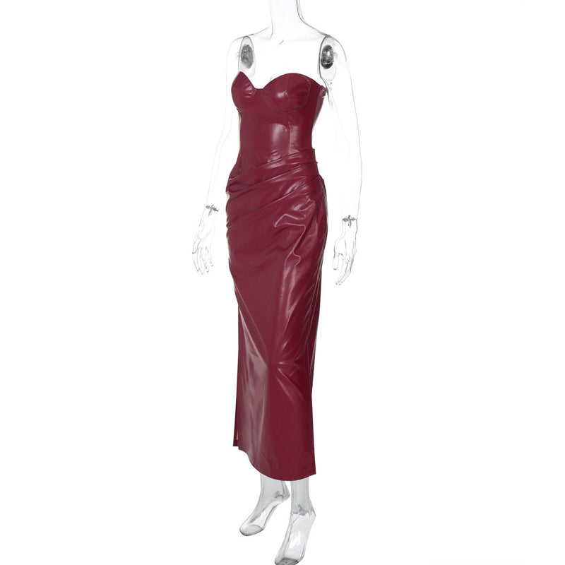Robe midi tube plissée en cuir PU avec fermeture éclair et fente 