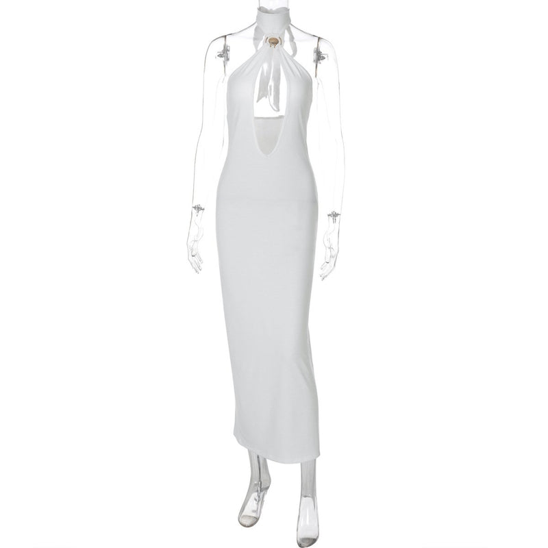Self tie halter hollow out backless midi dress