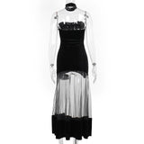 Ruched velvet mesh patchwork tube midi dress