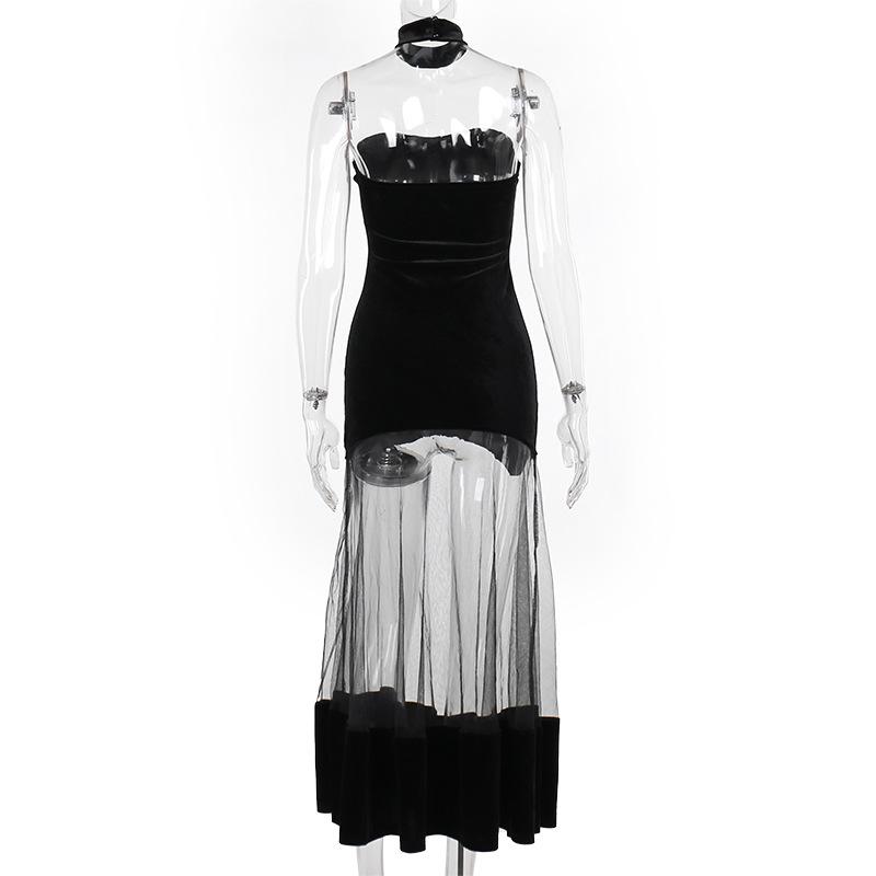 Ruched velvet mesh patchwork tube midi dress
