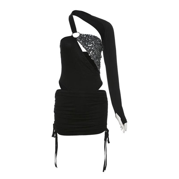 Irregular long sleeve gloves o ring glitter mini skirt set