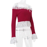Off shoulder lace hem long flared sleeve ribbed top