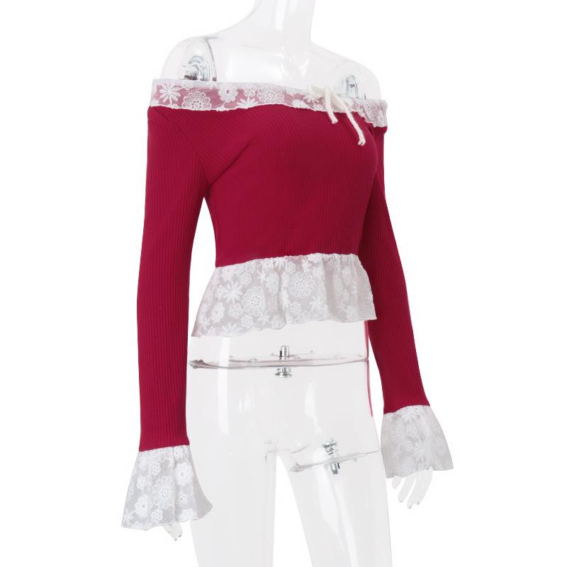 Off shoulder lace hem long flared sleeve ribbed top