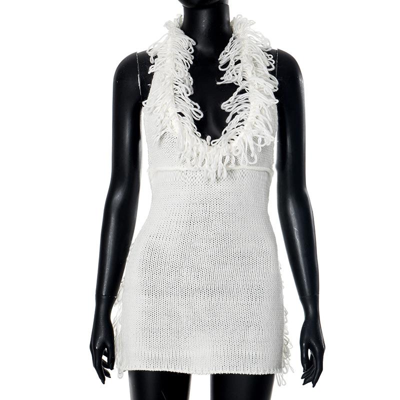 Halter self tie tassels knitted backless mini dress