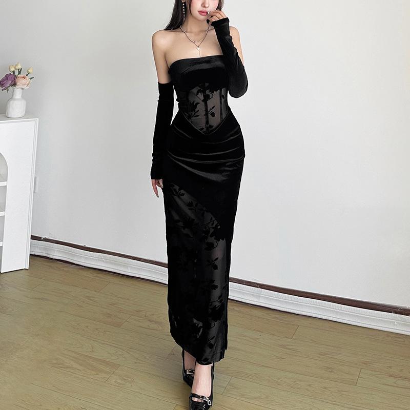 Robe longue tube à imprimé floral en maille de velours avec gants 