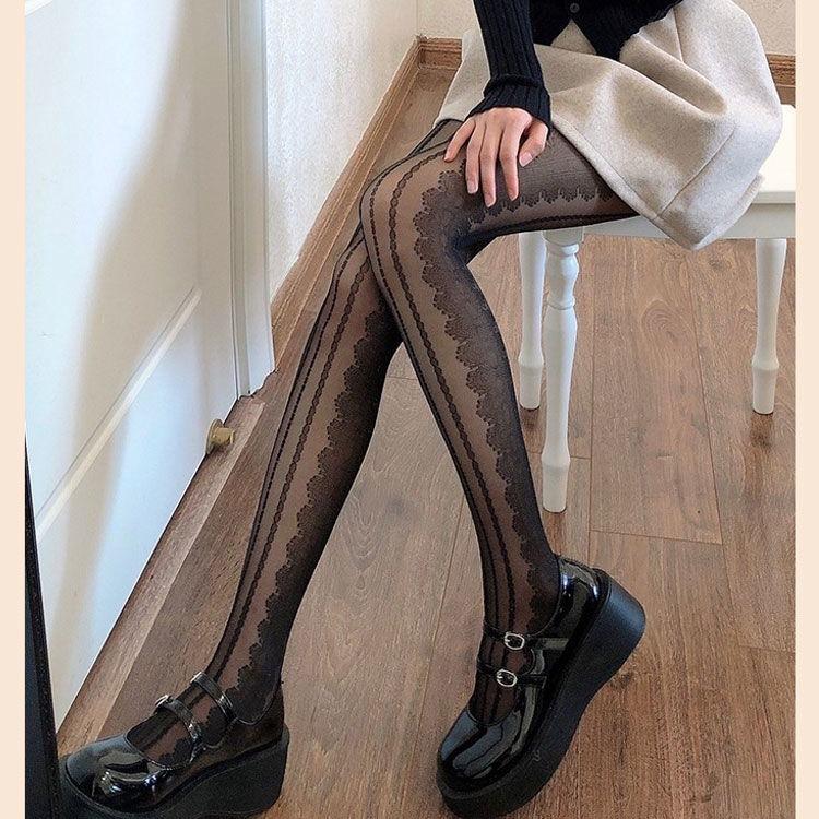 Collants en maille transparente à rayures verticales en dentelle 