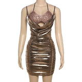 Metallic ruched glitter hollow out halter self tie mini dress