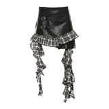 Zip-up PU leather plaid bowknot print ruffle mini skirt