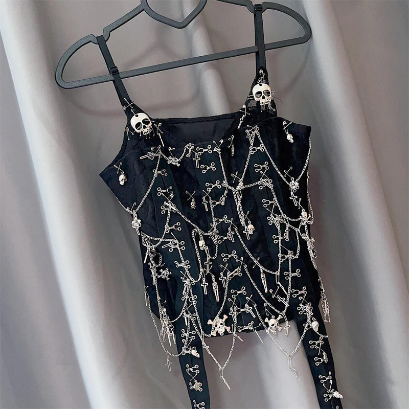 Metal chain skull applique v neck solid cami top