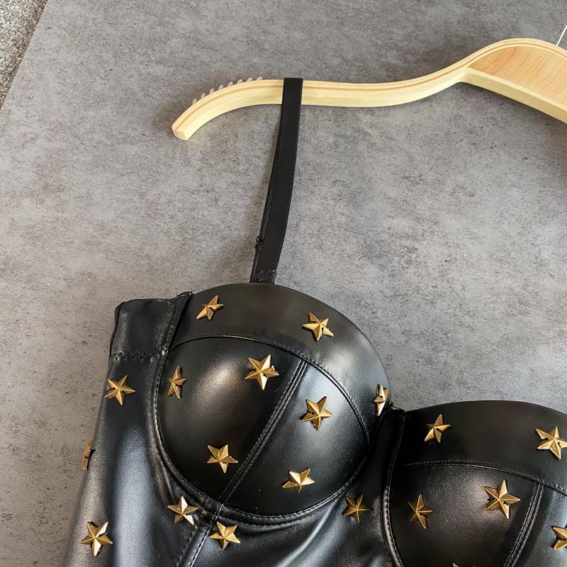 Haut caraco boutonné en cuir PU avec appliques étoiles 