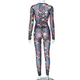Sheer mesh long sleeve crewneck print jumpsuit