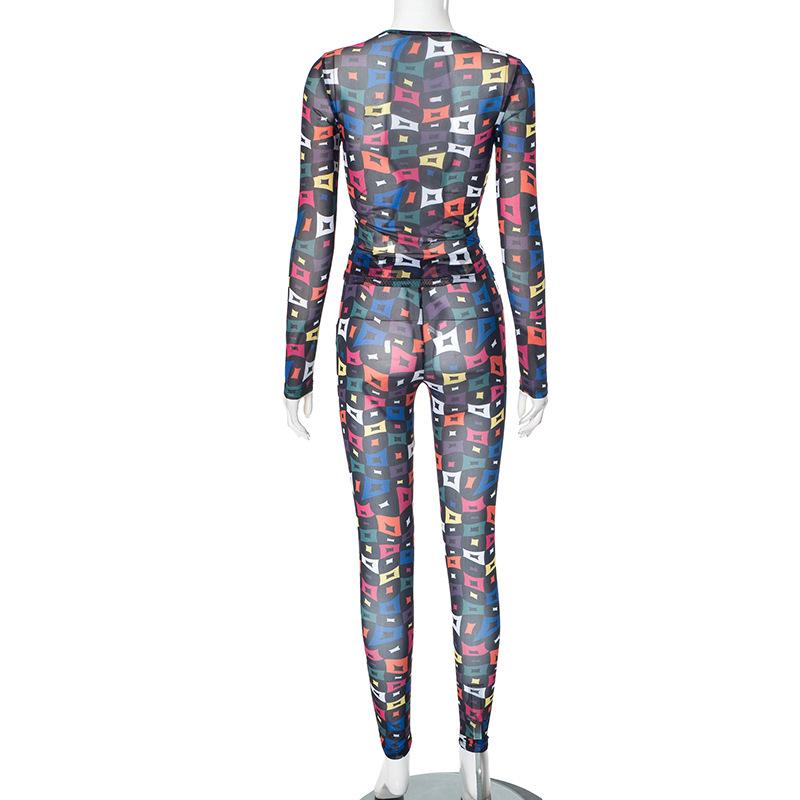 Sheer mesh long sleeve crewneck print jumpsuit