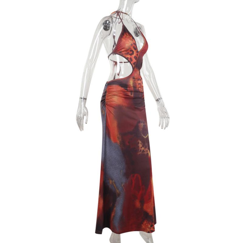 Vestido largo con estampado de leopardo, cuello en V profundo y lazo tipo halter 